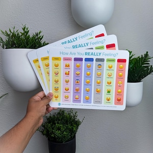 May include: A set of emotion cards with the text "How Are You REALLY Feeling?" and various emoji faces representing different feelings. The cards are held in front of a white wall with potted plants.