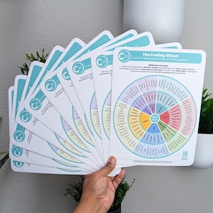 May include: A stack of white, rectangular cards with rounded corners, each featuring a colorful "Feeling Wheel" diagram. The wheel is divided into sections with emotion labels and the text "The Feeling Wheel" at the top.