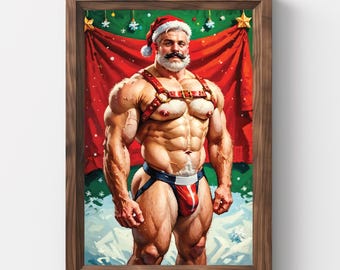 Santa, Christmas, Gay Santa, Harness, Jockstrap, Vintage Christmas Wall Art, Christmas Painting, Printable Art, Gay Art, Xmas art, Mature