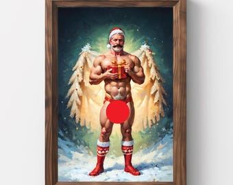 Santa, Christmas Gift, Gay Santa, Jockstrap, Vintage Christmas Wall Art, Christmas Painting, Printable Art, Gay Art, Xmas art, Mature
