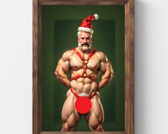 Muscle Santa, Christmas, Gay Santa, Jockstrap, Vintage Christmas Wall Art, Christmas Painting, Printable Art, Gay Art, Xmas art, Mature