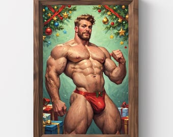 Christmas, Gay Santa, Santa, Jockstrap, Vintage Christmas Wall Art, Christmas Painting, Printable Art, Gay Art, Xmas art, Winter Art