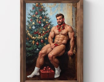 Christmas, Gay Santa, Santa, Jockstrap, Vintage Christmas Wall Art, Christmas Painting, Printable Art, Gay Art, Xmas art, Winter Art