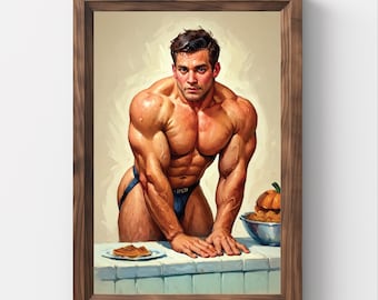 Muscle Gay, Gay Cooking,Thanksgiving, Gay Thanksgiving, Gay Giving, Muscle men,  Wall Art, Fall Wall Art, Kitchen wall art, Gay, Kitchen gay