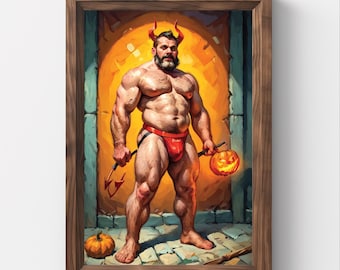 Duivel, kwaad, Halloween, herfst, papa, homo halloween, monster papa, body art, afdrukbare kunst, homo kunst schilderij, homo portret, homo, herfst, LGBTQ