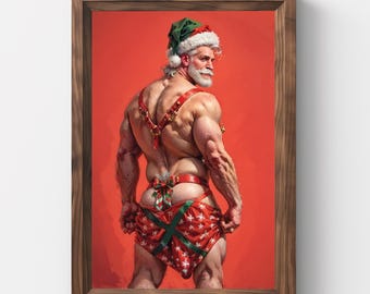 Christmas, Gay Santa, Santa, Jockstrap, Vintage Christmas Wall Art, Christmas Painting, Printable Art, Gay Art, Xmas art, Winter Art
