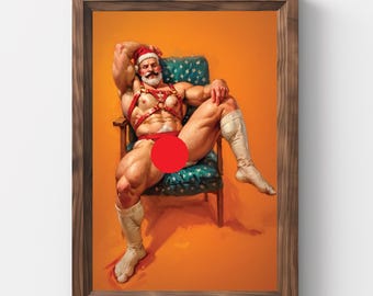 Muscle Santa, Christmas Gift, Gay Santa, Jockstrap, Vintage Christmas Wall Art, Christmas Painting, Printable Art, Gay Art, Xmas art, Mature