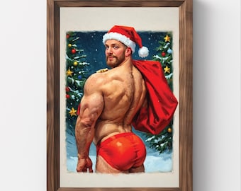 Christmas, Santa Clause, jockstrap, Portrait, Vintage Christmas Wall Art, Christmas Oil Painting Printable Art, Gay Art Painting, Male Art