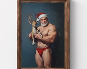Christmas, Gay Santa, Santa, Jockstrap, Vintage Christmas Wall Art, Christmas Painting, Printable Art, Gay Art, Xmas art, Winter Art
