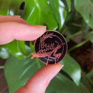May include: A round, black and copper-colored enamel pin featuring a praying mantis design and the words "Be still." The pin has a copper-colored border and a copper-colored praying mantis illustration. The pin is held in front of a green leafy background.