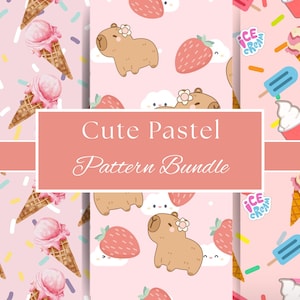 カピバラとアイスクリームのシームレスパターンバンドル、パステルデジタルペーパー（デジタルダウンロード）