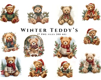 Christmas Teddy Bear Clipart: Festive Holiday Digital Download 17 Pngs