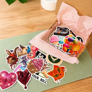 May include: A collection of assorted die-cut stickers featuring various illustrations including a rabbit in a bonnet, a cupcake, a disco heart, a cat face, and a camera, with some stickers inside a cardboard box lined with pink tissue paper.