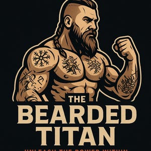 Peut inclure: Illustration d'un homme musclé avec une barbe et des tatouages, fléchissant son bras. Le texte dit "THE BEARDED TITAN" et "UNLEASH THE POWER WITHIN" dans une police audacieuse, sur fond noir.