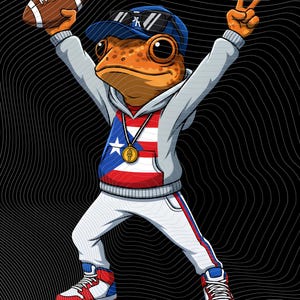 Puede incluir: Ilustración de una rana con gorra azul, gafas de sol y sudadera con la bandera de Puerto Rico. La rana sostiene un balón de fútbol americano y hace el signo de la paz. Lleva pantalones blancos y zapatillas deportivas rojas, blancas y azules.