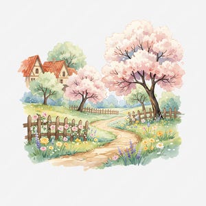 Op de afbeelding: Waterverfillustratie van een serene landschap met een kronkelend pad langs een houten hek en bloeiende bloemen. Twee huizen met rode daken liggen tussen bomen, met roze bloesembomen die een vleugje lente toevoegen.