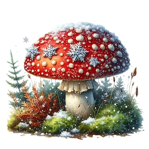Op de afbeelding: Een illustratie van een rode paddenstoel met witte stippen, versierd met sneeuwvlokken en een laagje sneeuw. De paddenstoel staat in een winterse scène met groen mos, bruin gebladerte en kleine dennenbomen, wat een feestelijke sfeer creëert.