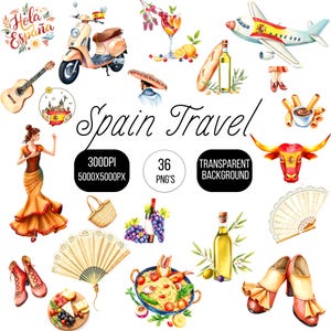 Spain Travel Clipart PNG | 36 Watercolor Spanish Landmarks & Food | Sagrada Familia, Flamenco, Tapas, Churros, Spain Illustrations
