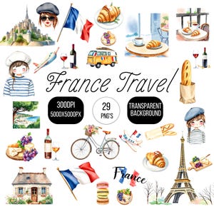 Könnte beinhalten: Aquarellillustrationen mit französischen Reisemotiven, darunter der Eiffelturm, Croissants, Flaggen, Wein, ein Fahrrad mit Blumen und ein Vintage-Van. Der Text "France Travel" ist in eleganter Schrift dargestellt.