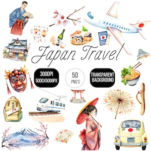 Puede incluir: Ilustración en acuarela con temática de viajes a Japón. Incluye un avión, sushi, una geisha con un paraguas, un coche amarillo, un tren, una montaña y el texto "Japan Travel".