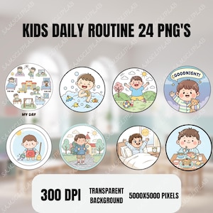 Op de afbeelding: Een digitale grafische set getiteld "KIDS DAILY ROUTINE 24 PNG'S" met cartoon illustraties van kinderen die dagelijkse activiteiten uitvoeren. De set bevat afbeeldingen van een kind dat in bad gaat, speelt en eet. De afbeelding heeft een transparante achtergrond en is 5000x5000 pixels groot.