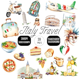 Op de afbeelding: Waterverfillustraties van Italiaanse reiselementen, waaronder een scooter, een vliegtuig, een rugzak, een koffer en bezienswaardigheden zoals de scheve toren van Pisa en het Colosseum. Voedsel zoals pizza, pasta en gebak zijn ook te zien. De tekst "Italy Travel" wordt weergegeven.