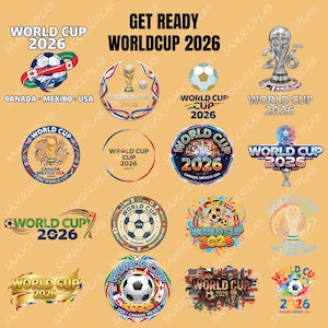 Puede incluir: Una colección de logotipos y gráficos para la Copa del Mundo de 2026, con balones de fútbol, el trofeo de la Copa del Mundo y el texto "Get Ready Worldcup 2026". Los diseños incorporan las banderas de Canadá, México y EE. UU.