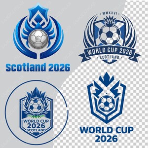 Puede incluir: Cuatro logotipos azules y blancos para la Copa del Mundo 2026 en Escocia. Los logotipos presentan balones de f&uacute;tbol, escudos y el texto "Scotland 2026" y "World Cup 2026".