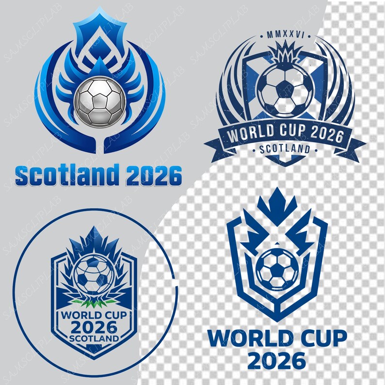 Puede incluir: Cuatro logotipos azules y blancos para la Copa del Mundo 2026 en Escocia. Los logotipos presentan balones de f&uacute;tbol, escudos y el texto "Scotland 2026" y "World Cup 2026".