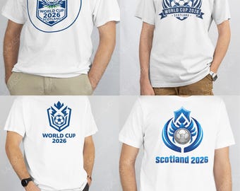 Puede incluir: Cuatro camisetas blancas con diseños para la Copa del Mundo 2026. Cada camiseta presenta un balón de fútbol y el texto "World Cup 2026" y "Scotland" en azul. Los diseños varían en estilo y presentación.