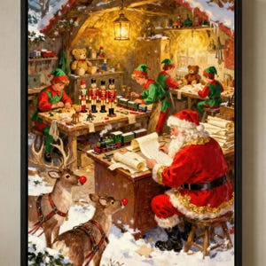 Arte de parede natalina da Oficina do Papai Noel para download digital. Papai Noel e renas em estilo vintage para imprimir. Arte natalina nostálgica. Decoração tradicional do Polo Norte.