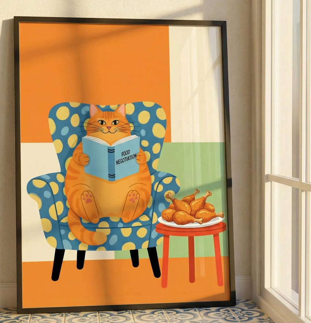 Funny Cat Poster Cat Reading Print Wall Art for Kitchen Humorous Animal ...