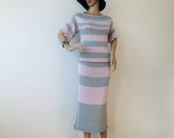 Pink and Grey Striped Knit Blouse and Skirt Set