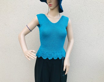 Fine-Knit Top with Open Back Blue Summer Top