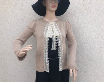 Open Front Beige Cardigan with Lace