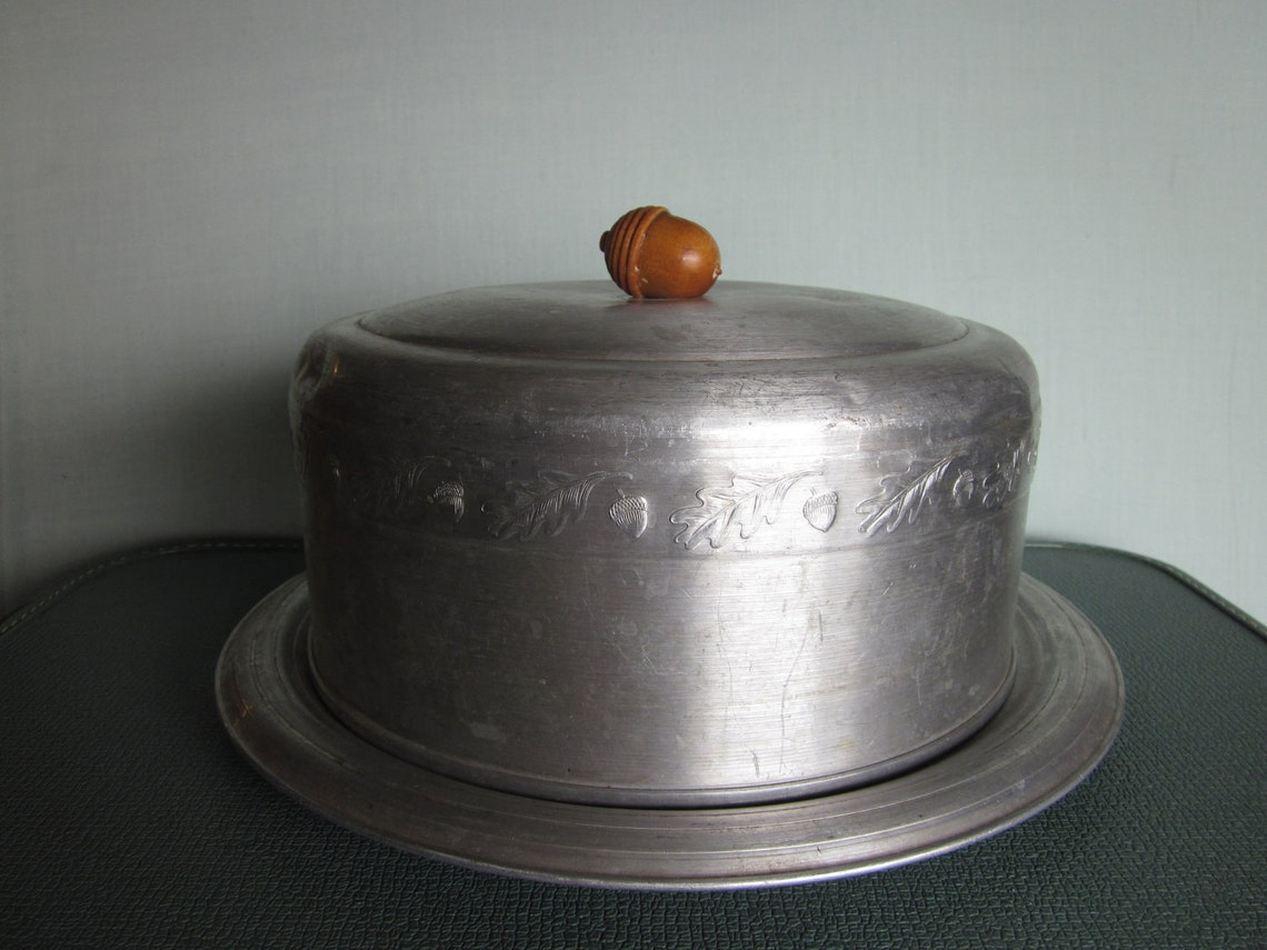 Vintage aluminum cake plate with cover wooden acorn handle Etsy