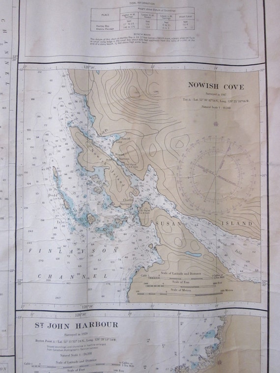 Items similar to Vintage Large Nautical map chart of Canada British ...