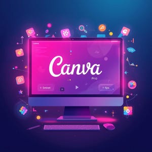 May include: A desktop computer with a bright pink and purple screen displaying the Canva logo and the word "Pro". The screen is surrounded by glowing icons and a keyboard and mouse are in front of the monitor.
