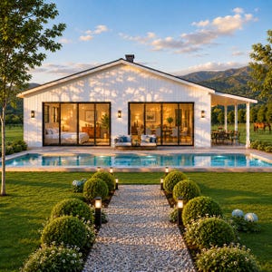 May include: A white single-story house with vertical siding, large glass sliding doors, and a rectangular swimming pool. A gravel path lined with small spherical shrubs and black post lights leads to the house, set against a mountain backdrop.