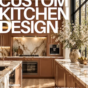 Puede incluir: Una cocina con armarios de color terracota mate, encimeras de mármol blanco con vetas marrones y una cafetera integrada. El texto CUSTOM KITCHEN DESIGN y ARCHITECTURE4ALL Custom Interior Design es visible en la imagen.
