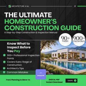 Puede incluir: Una guía digital titulada The Ultimate Homeowner's Construction Guide, A Step-by-Step Construction & Inspection Manual. Incluye más de 90 páginas, 900 puntos de control y una fotografía de una casa blanca moderna con una piscina de fondo.