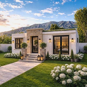 May include: A contemporary single-storey house with a stone facade and black-framed windows and doors. The exterior features a manicured lawn, white hydrangeas, and decorative lanterns. Mountains and a blue sky form the backdrop.