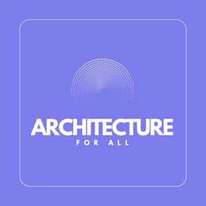 May include: A square graphic on a periwinkle background featuring a white dotted spiral pattern centered above the bold white text ARCHITECTURE FOR ALL. The design is enclosed within a thin white rounded square border, creating a clean visual.