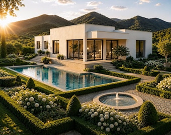 May include: A white single-story house with large glass doors and windows, featuring a rectangular swimming pool, a circular stone fountain, and manicured garden beds with white flowering shrubs, set against a backdrop of rolling hills at sunset.