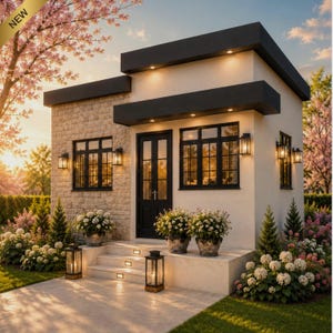 May include: A small, modern structure with a flat roof, featuring a combination of light-colored stone and smooth stucco walls. It has black-framed windows, a central black door, and exterior wall-mounted lanterns. Steps lead to the entrance.