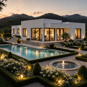 Può includere: Una moderna casa bianca a un piano con ampie finestre e porte a vetri, dotata di una piscina rettangolare e una fontana circolare in primo piano. La proprietà è circondata da siepi curate, cespugli dai fiori bianchi e alberi.