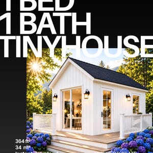 May include: A white tiny house with a black roof, a wooden deck, and white railings. The text reads 1 BED 1 BATH TINYHOUSE, 364 ft², 34 m², and ARCHITECTURE4ALL. The structure features glass sliding doors, a single door, and black wall lanterns.