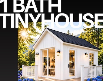 Op de afbeelding: Een wit tiny house met een zwart dak, een houten terras en witte balustrades. De tekst luidt 1 BED 1 BATH TINYHOUSE, 364 ft², 34 m² en ARCHITECTURE4ALL. De structuur heeft glazen schuifdeuren, een enkele deur en zwarte wandlantaarns.
