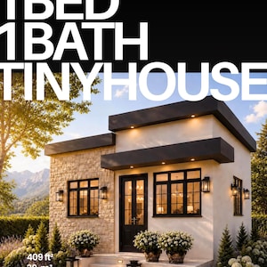 Könnte beinhalten: Ein einstöckiges Tiny House mit einer Fassade aus Stein und weißem Stuck, schwarzen Fensterrahmen und einer zentralen schwarzen Tür. Der Text 1 BED 1 BATH TINYHOUSE steht oben, mit 409 ft² und 39 m² unten links.