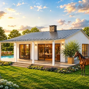 Pode incluir: Uma casa branca de um andar com revestimento vertical, telhado de metal escuro e chaminé de pedra. A residência possui uma varanda coberta, grandes portas de correr de vidro e uma piscina adjacente. Um cavalo castanho está no relvado verde.